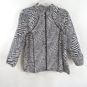 Chico's Zenergy Jacket Size 2 L Black White Zebra Full Zip Pockets 3/4 Sleeves